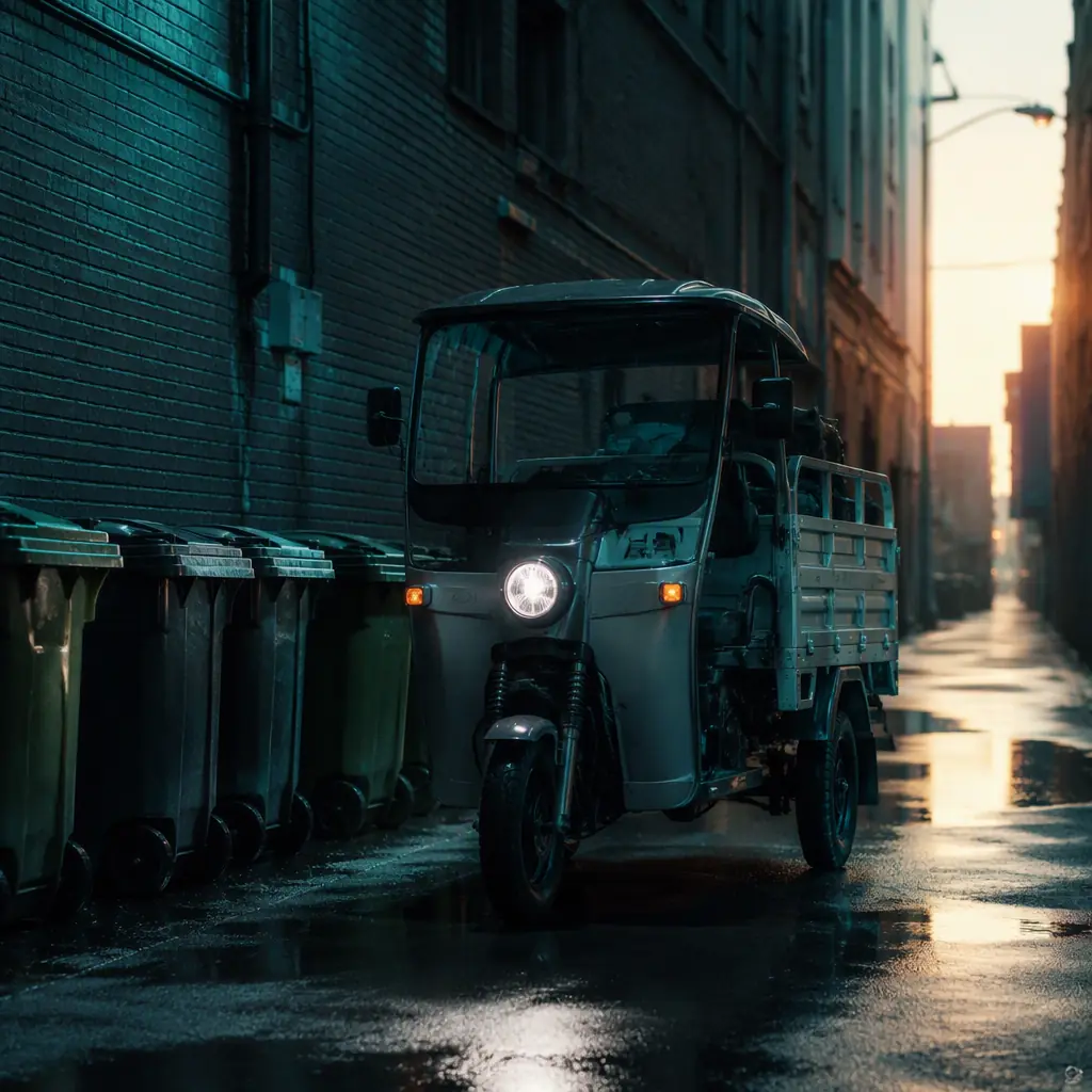 Three-wheeled electric cargo tricycle with two rear wheels stopping at a waste bin beside a dark alley at dawn, teal rim lighting
