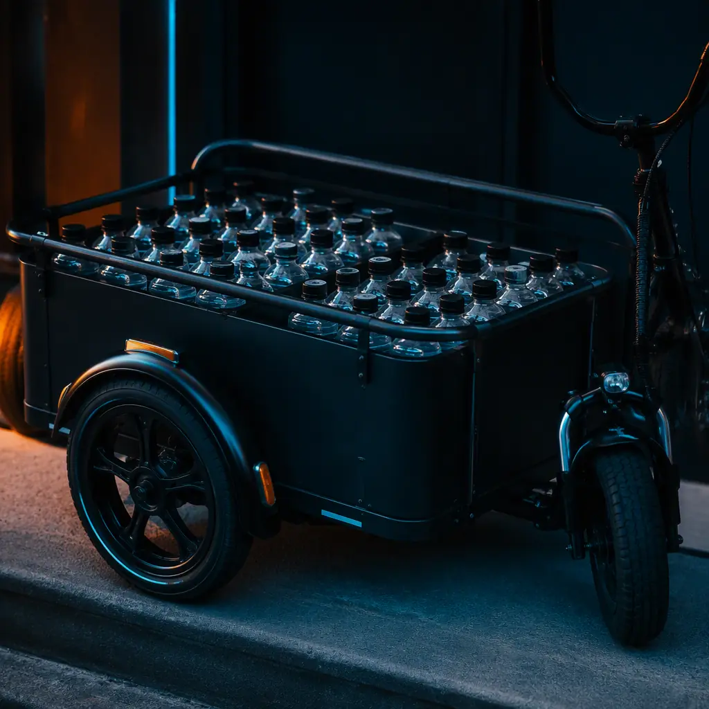Cargo box of an electric tricycle packed with upright water bottles in dividers at a doorstep