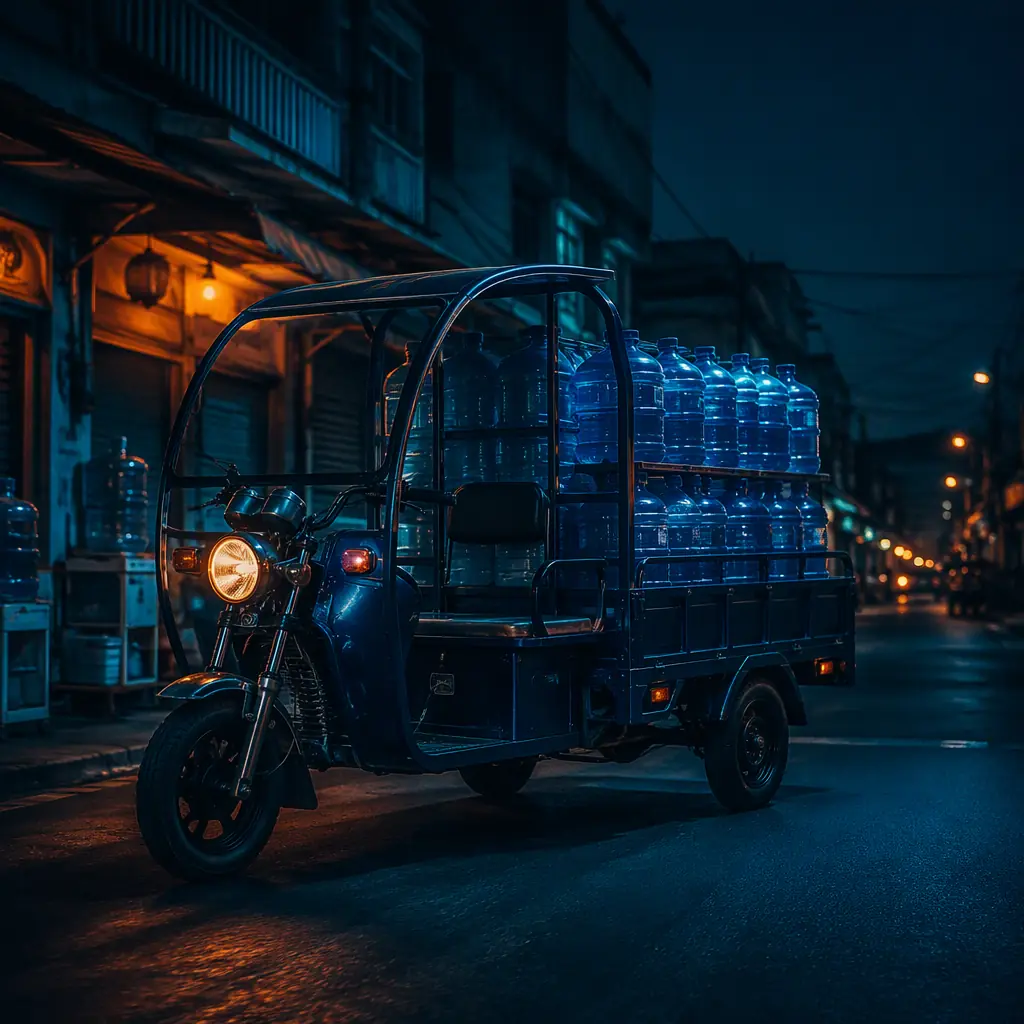 Electric cargo tricycle loaded with stacked water bottles driving through a town at dusk