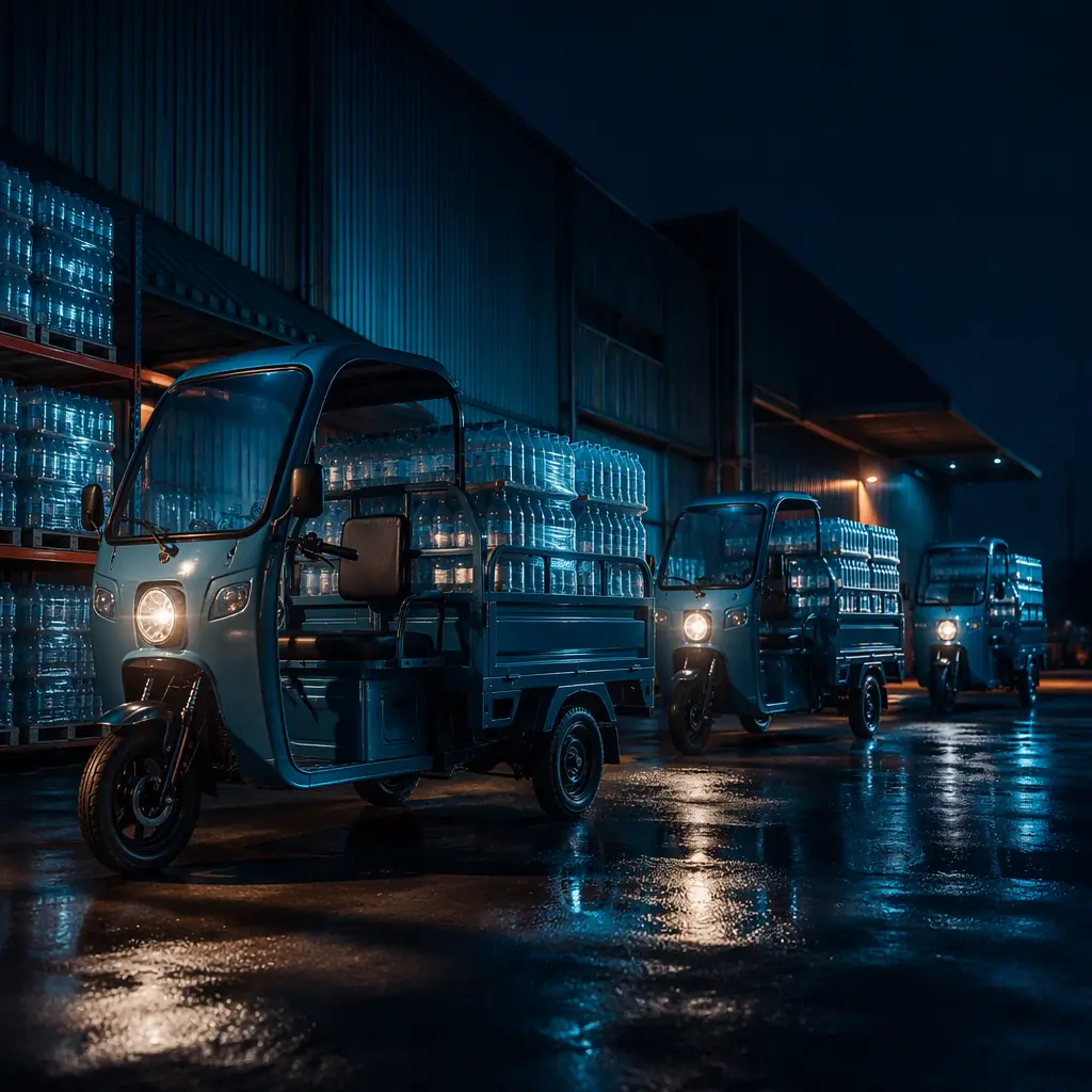 Fleet of electric cargo tricycles loaded with bottled water at a beverage distribution depot at dusk