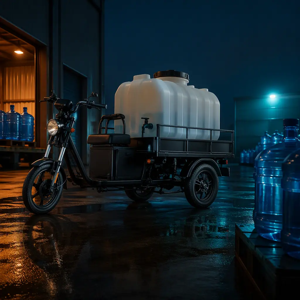 Electric cargo tricycle with a sealed bulk water tank and pump being loaded for a refill route