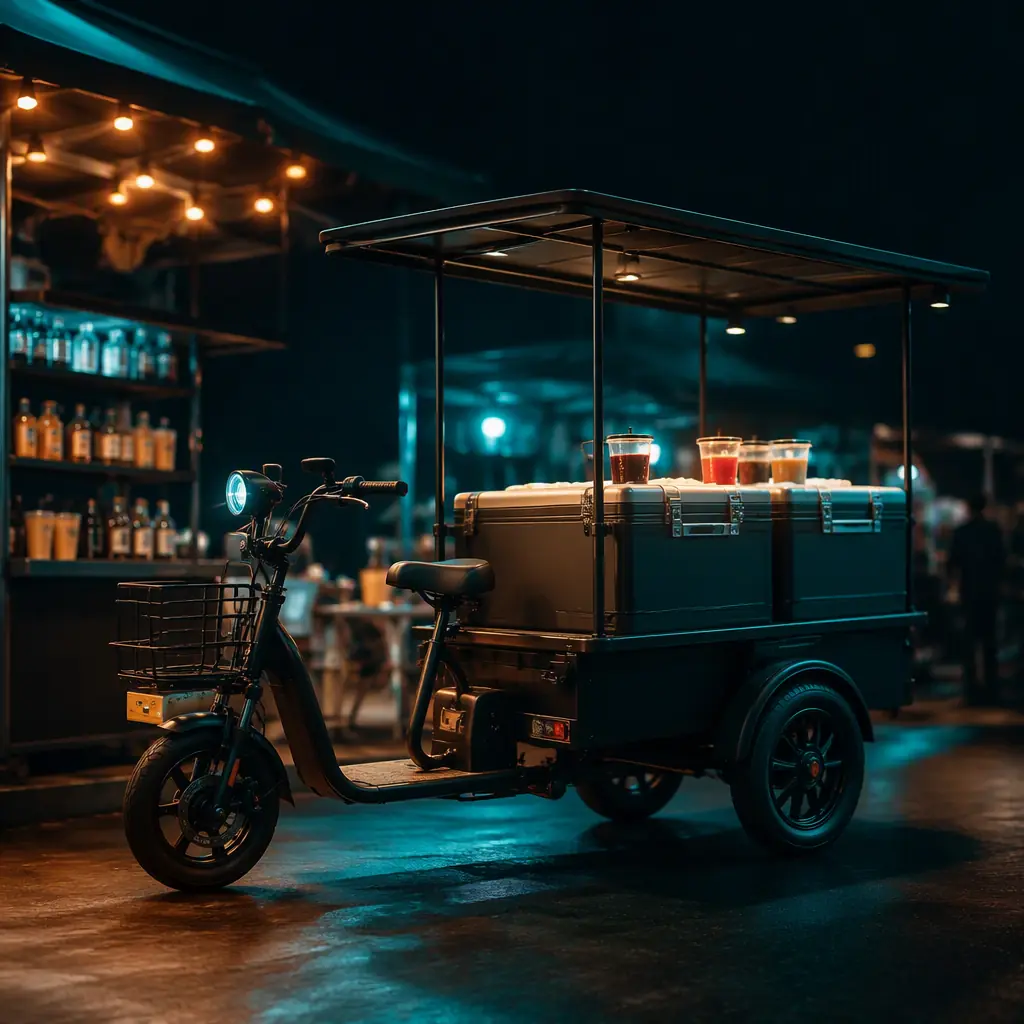 Electric cargo tricycle with a shaded canopy and insulated beverage boxes parked at a street market stall in the evening