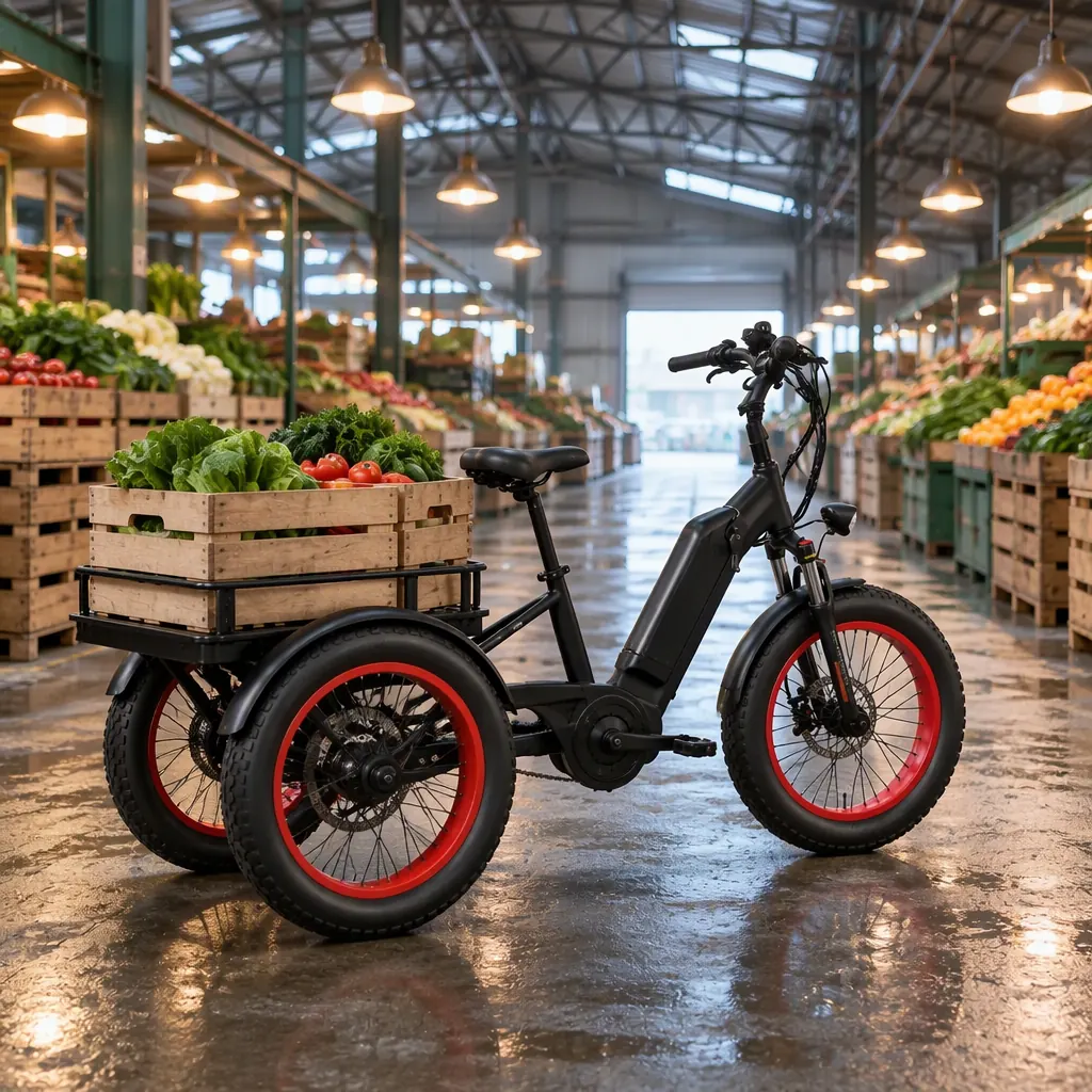 Electric cargo tricycle with drop-side box open among produce stalls in a covered wholesale market hall