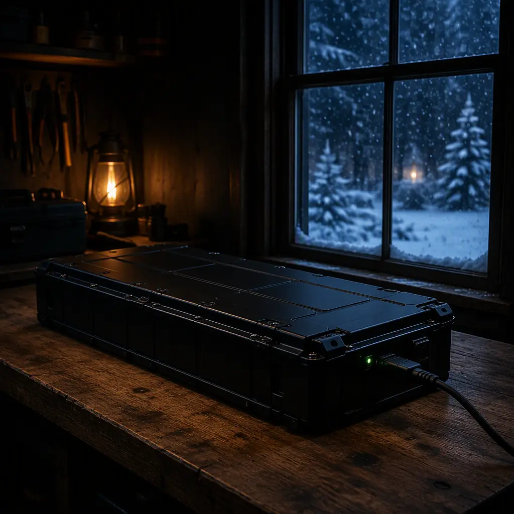 Lithium battery pack charging on a bench indoors beside a window with snow outside, warm interior light