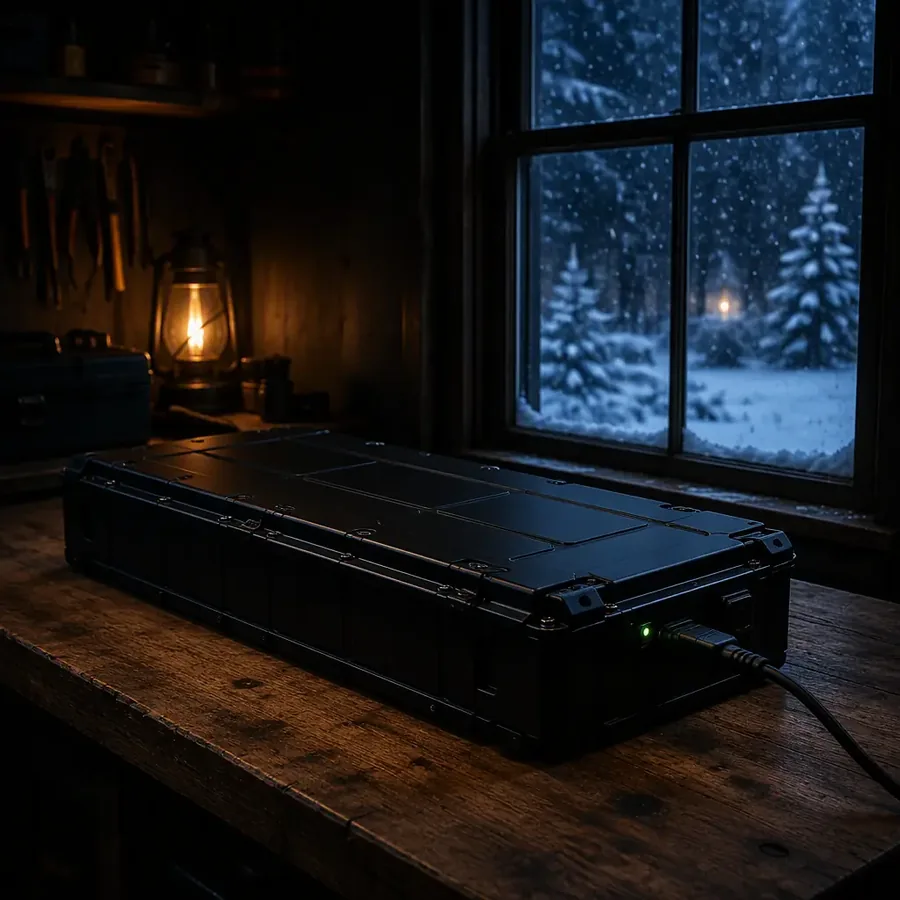 Lithium battery pack charging on a bench indoors beside a window with snow outside, warm interior light