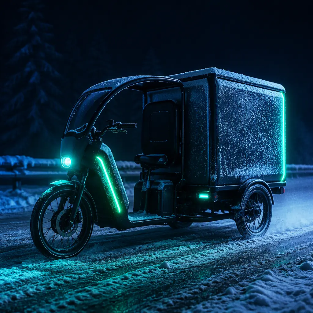 Electric cargo tricycle driving on a snow-covered rural road, frost on the cargo box, cold blue dusk light