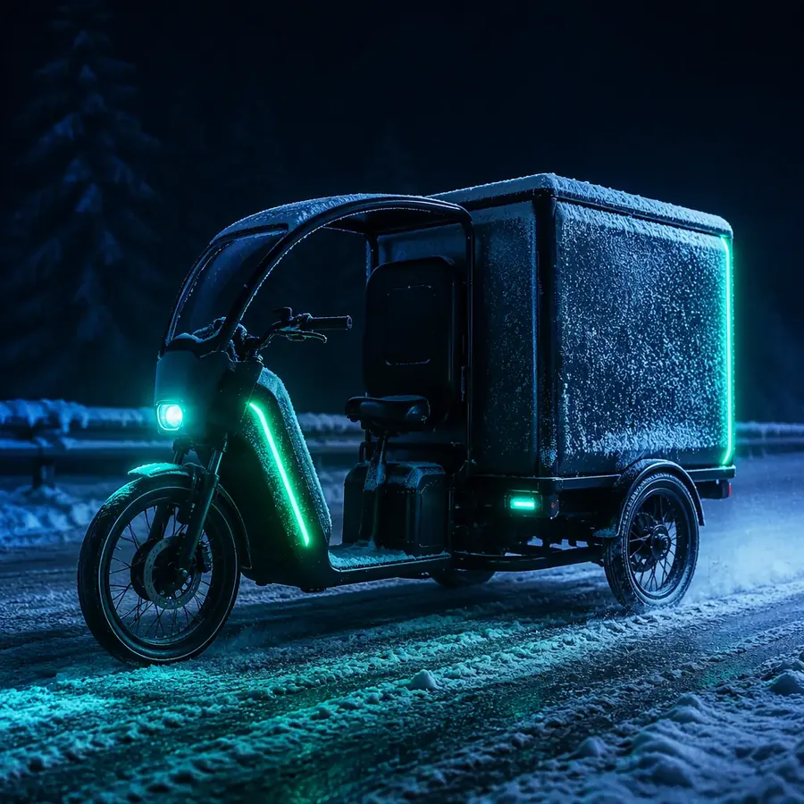 Electric cargo tricycle driving on a snow-covered rural road, frost on the cargo box, cold blue dusk light