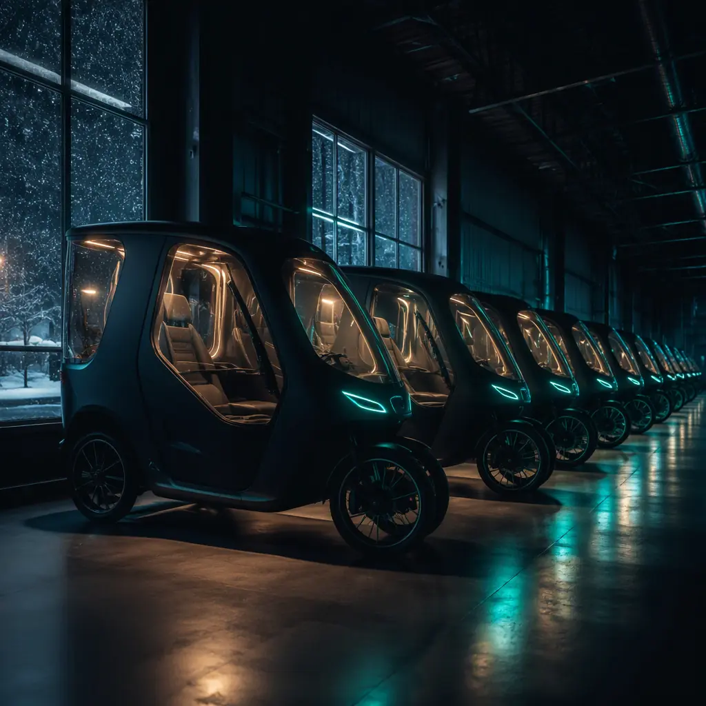 Row of covered electric tricycles in a heated winter storage depot, warm interior light against cold exterior