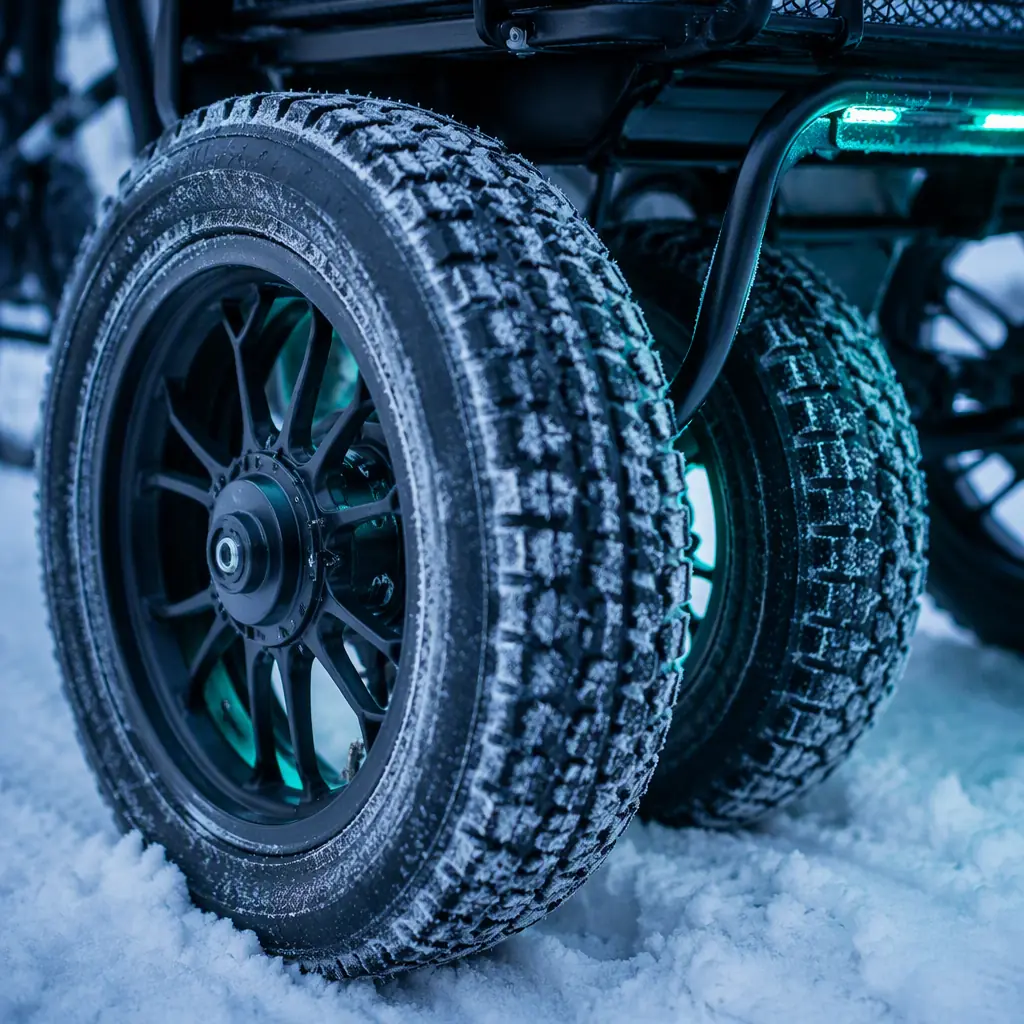 Dual rear wheels of an electric tricycle with winter tread tires on packed snow, close-up, cold light