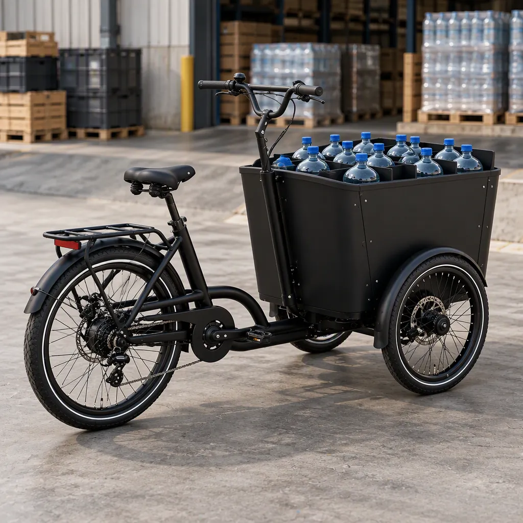 Three-wheeled electric cargo tricycle at a loading dock with its front cargo box filled with unmarked water bottles in dividers
