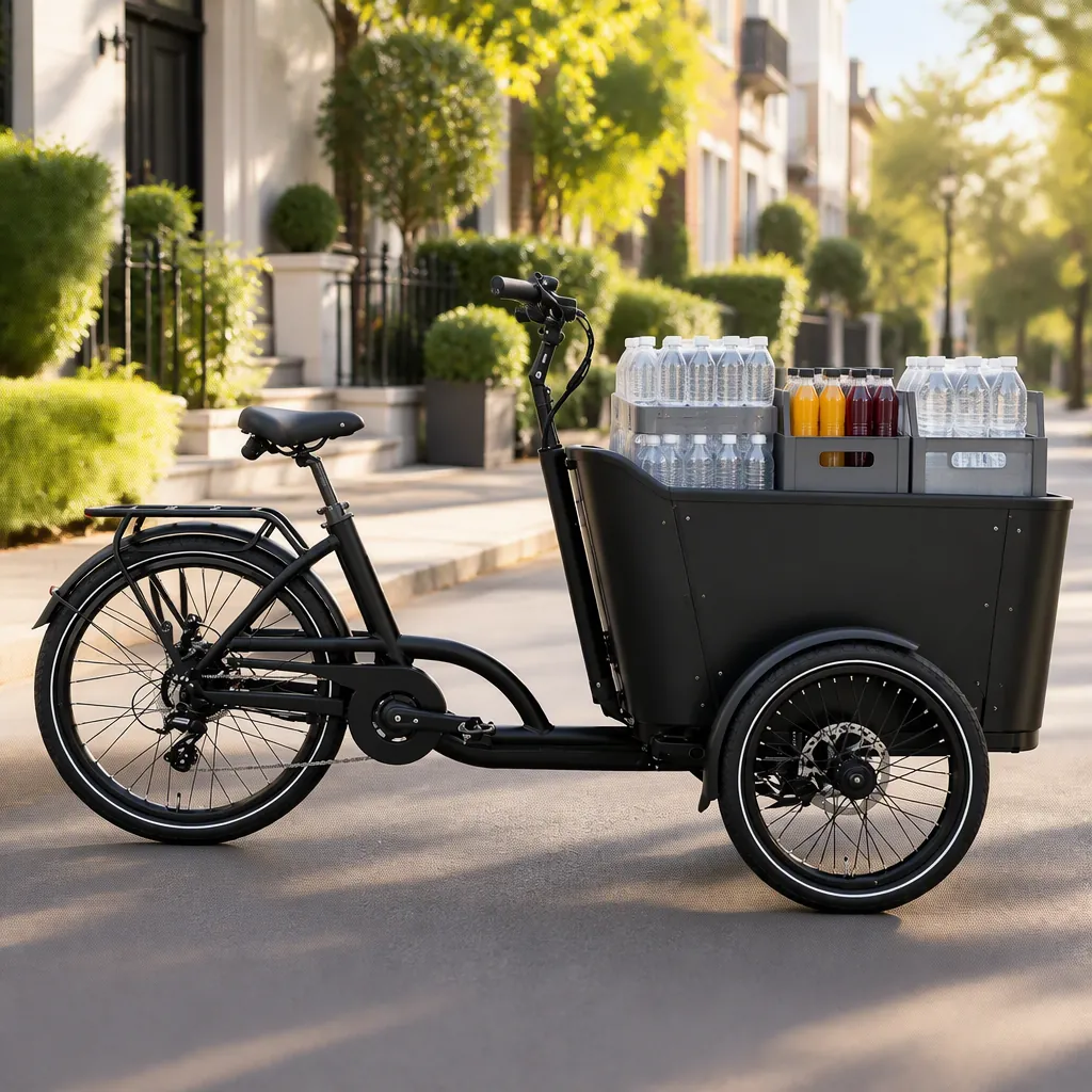 Three-wheeled electric cargo tricycle loaded with stacked water bottles on a residential delivery street