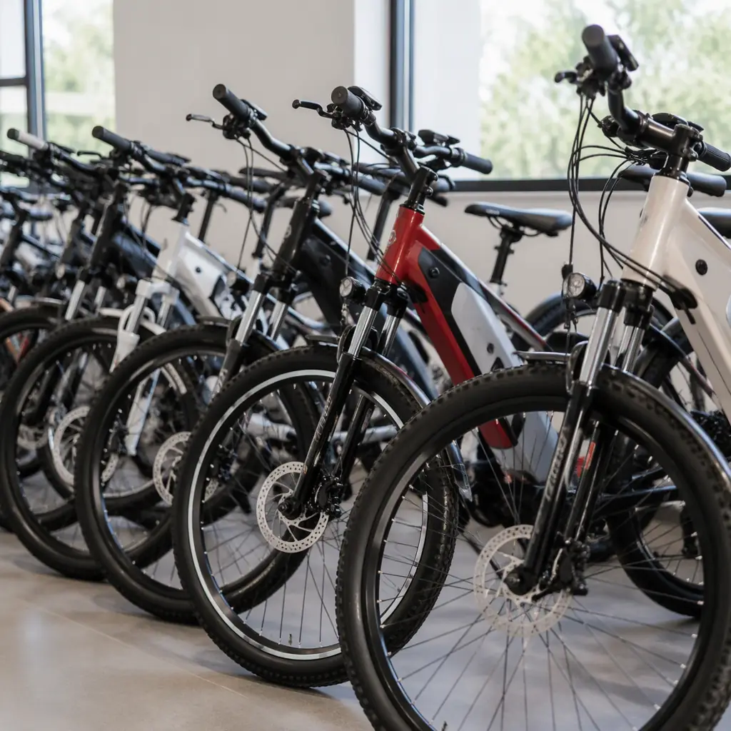 Range of electric bicycles in dark showroom