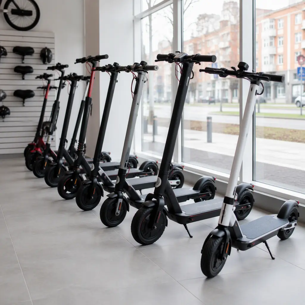 Range of electric scooters in dark showroom