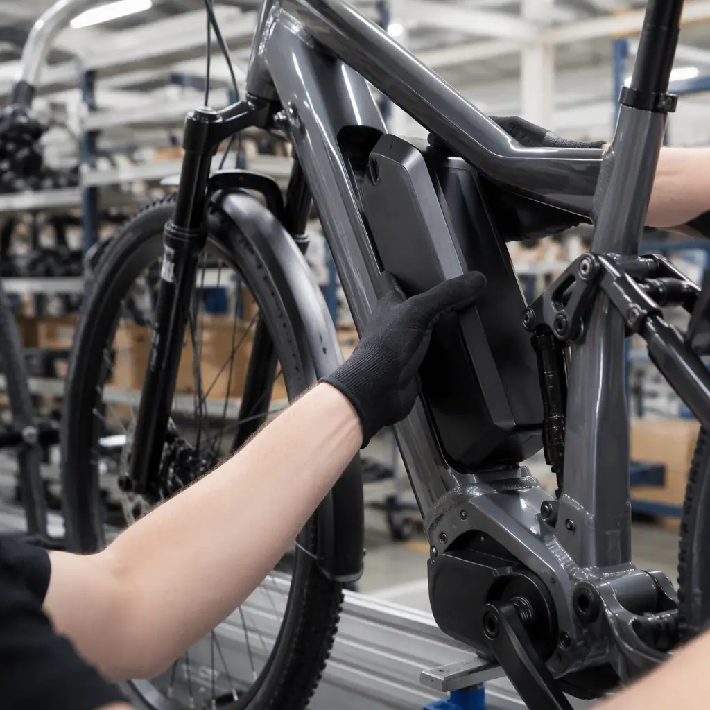 Workers assembling electric scooters on the factory production line