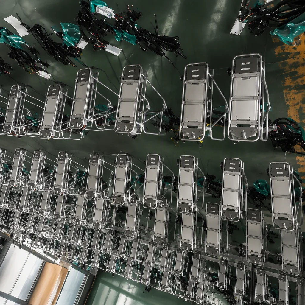 Bare frames on overhead assembly-line racks in the production hall