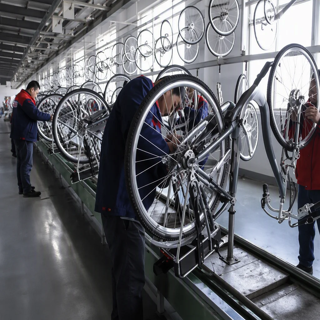 Workers fitting wheels to e-bike frames on the final assembly line