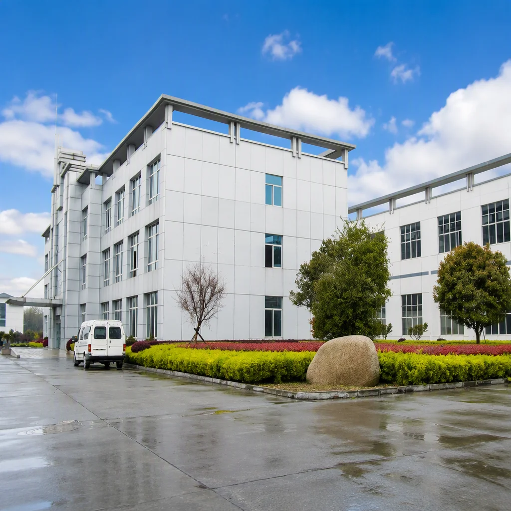 White-tiled factory building with landscaped entrance and parked van