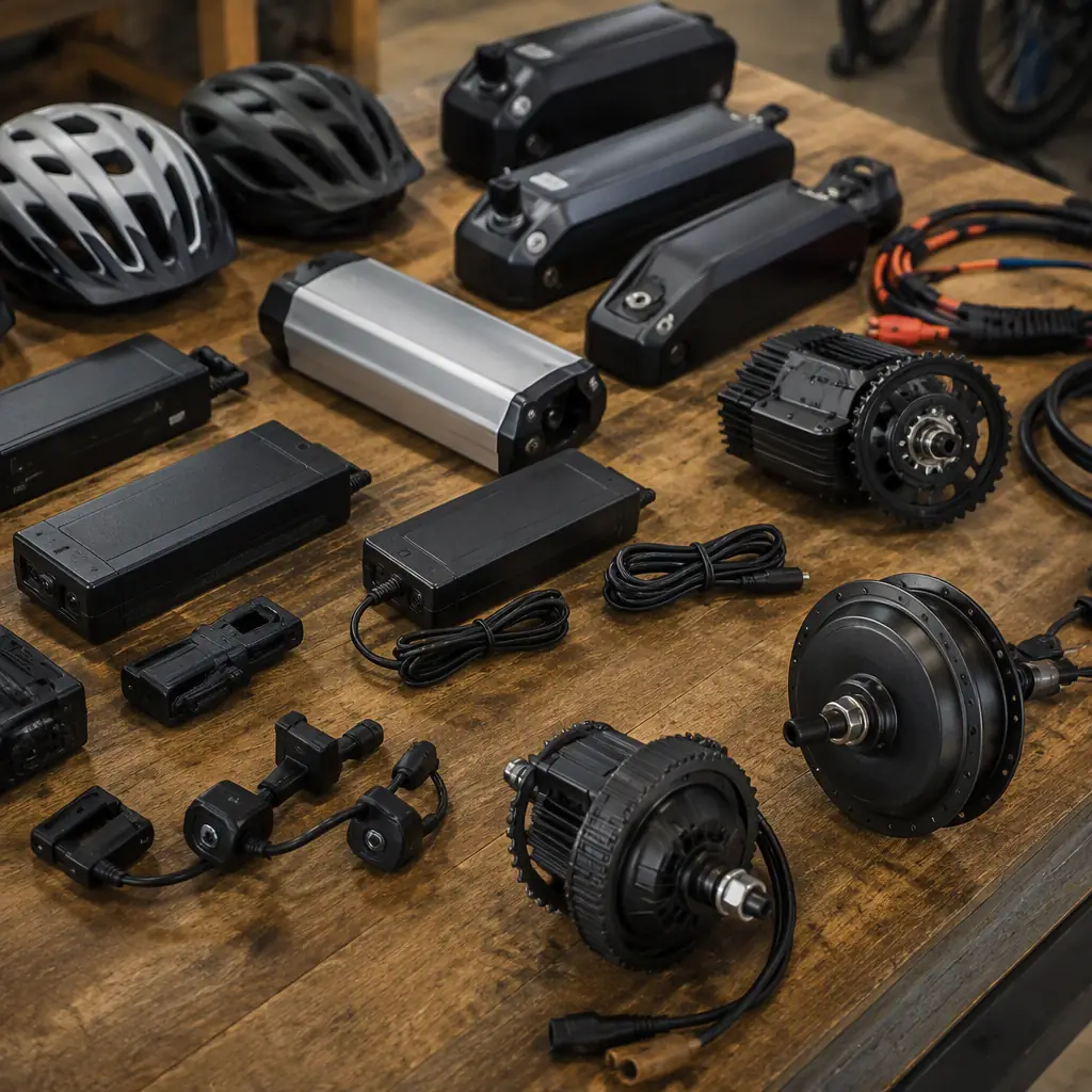 E-bike batteries, chargers, helmets and motors on a workbench