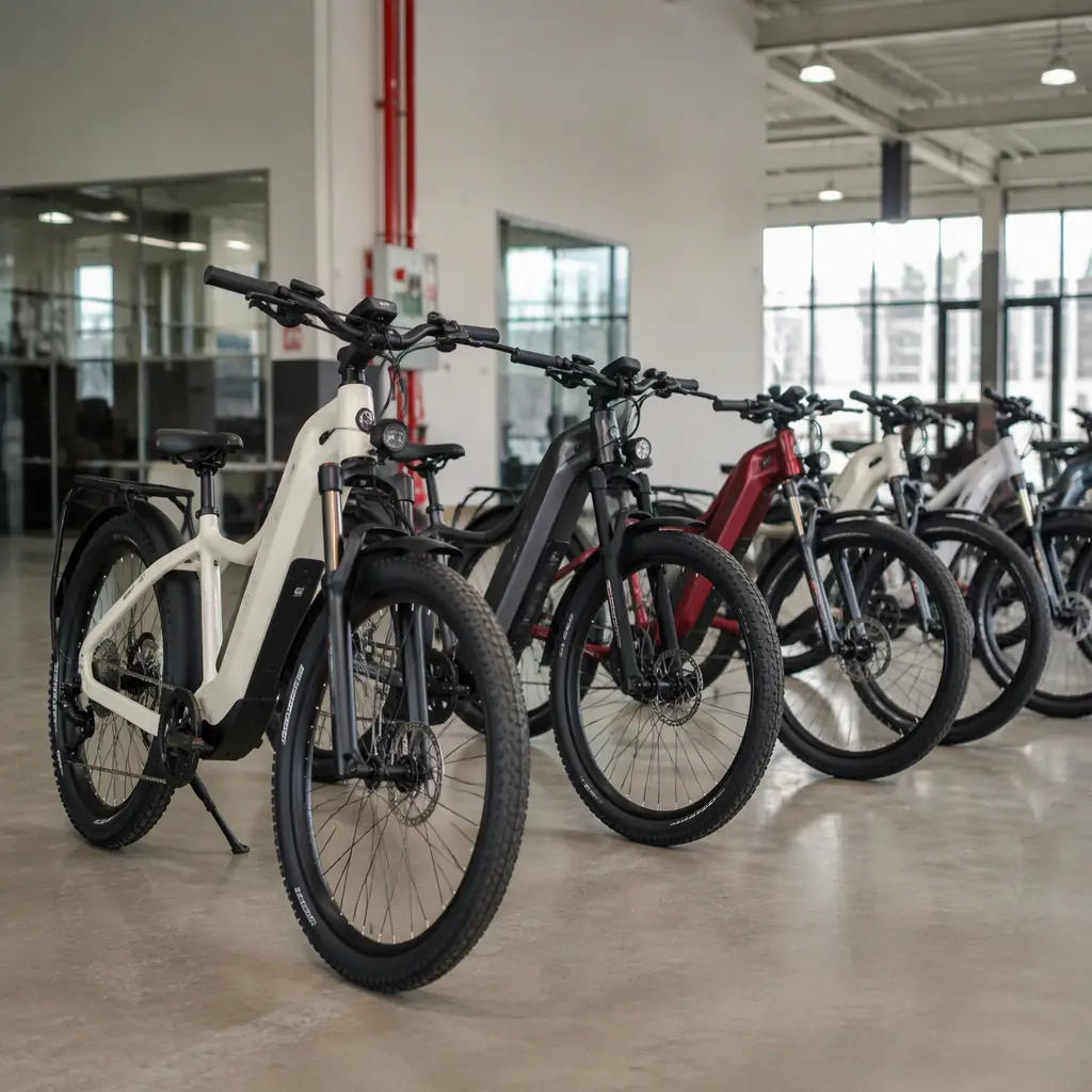 Line of electric bicycles in a bright factory showroom
