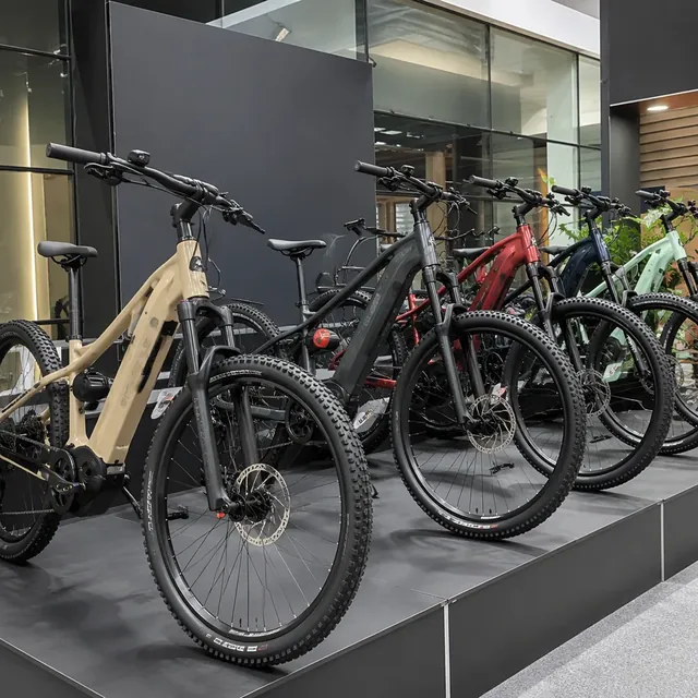 Row of electric bicycles in a bright showroom