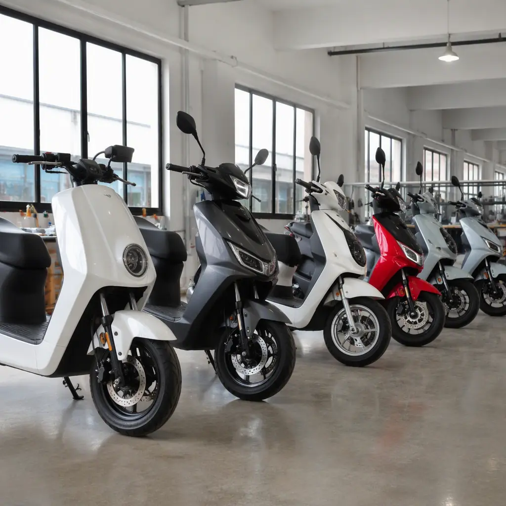 Line of electric scooters in a bright factory showroom