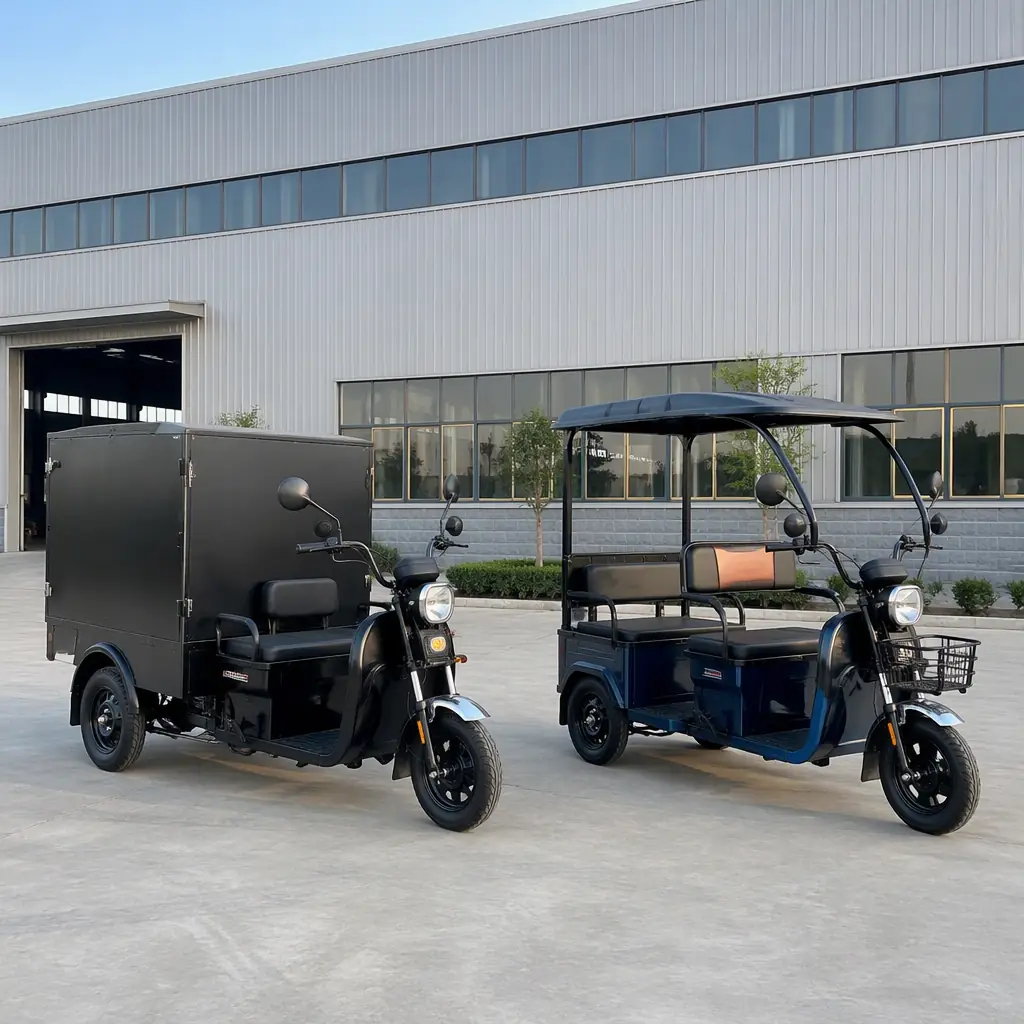 Electric cargo and passenger tricycles in a factory yard