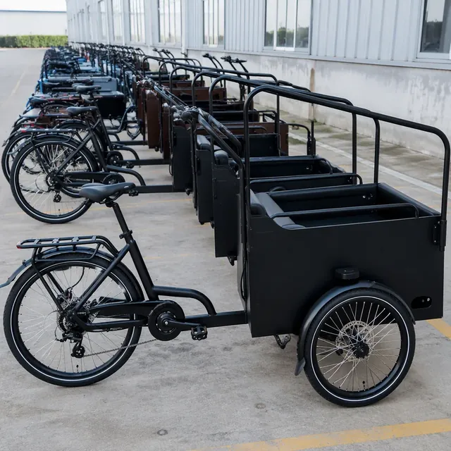 Electric cargo and passenger tricycles in a factory yard