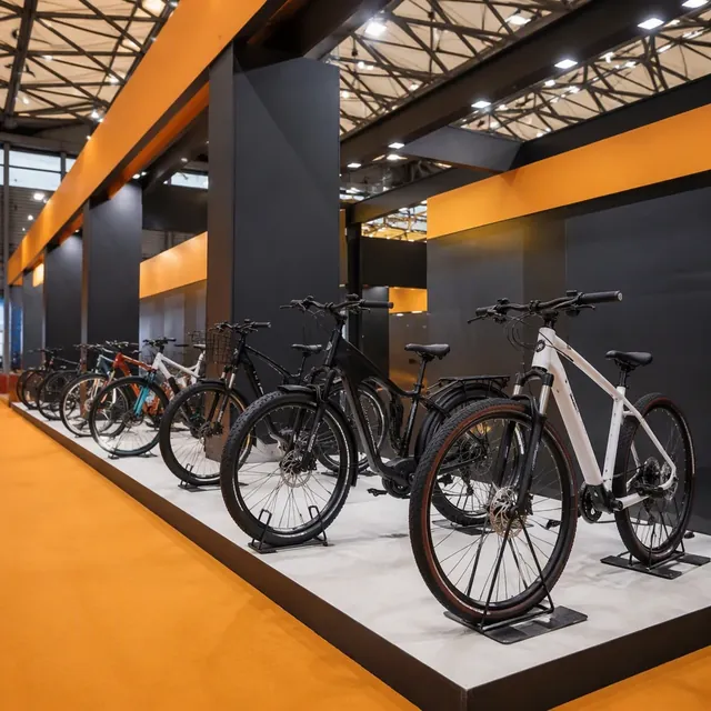 Row of electric bicycles in a bright showroom
