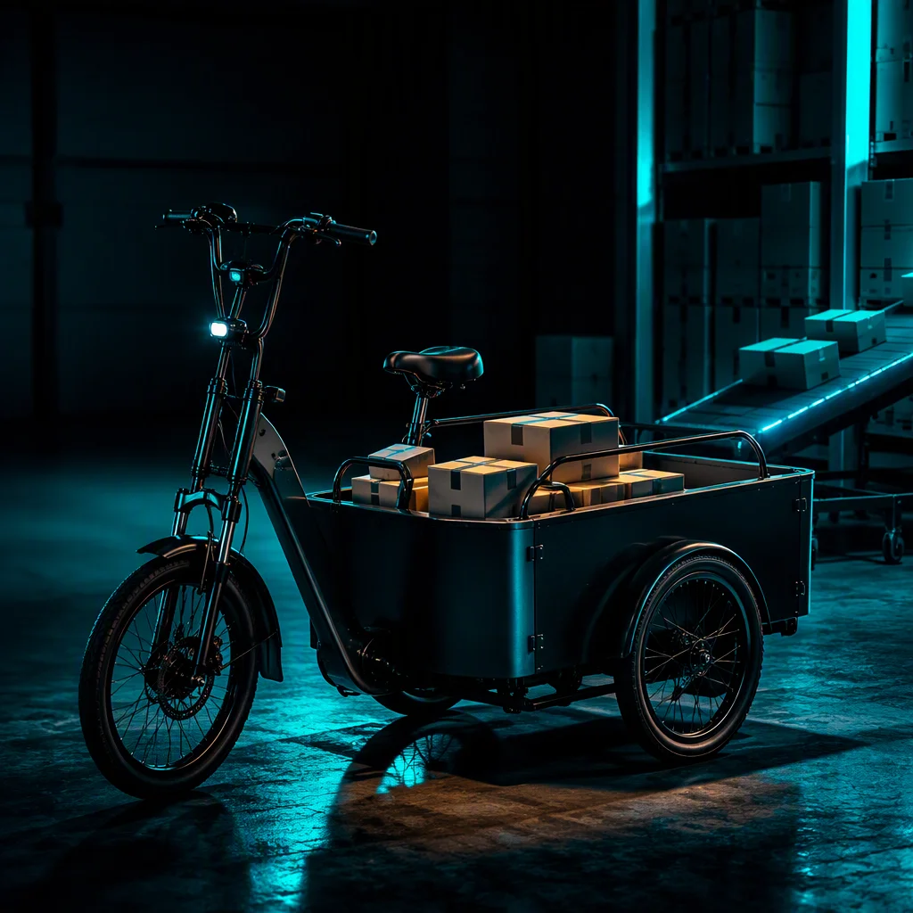 Cargo e-tricycle with aluminum cargo platform on city street