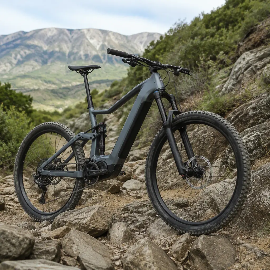 High-performance electric eMTB with 200mm suspension travel on rocky terrain