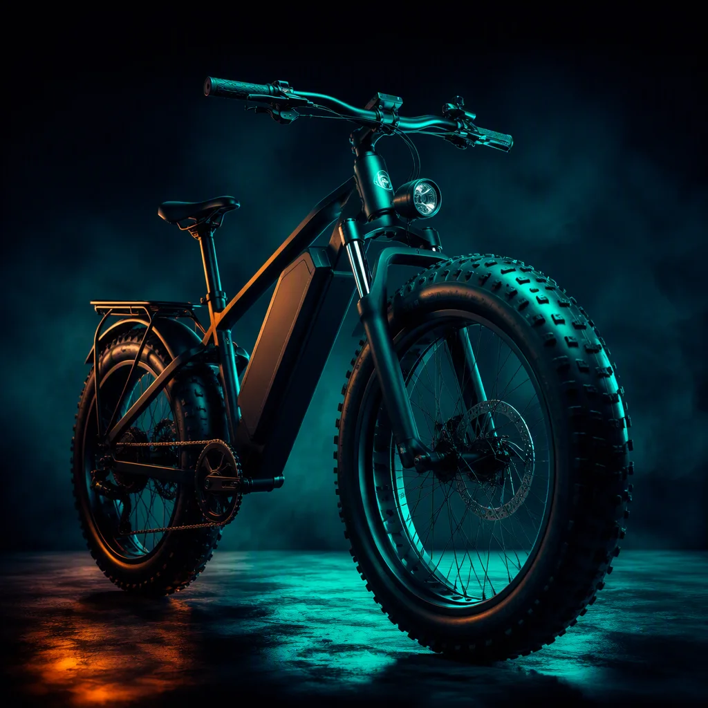 Fat tire e-bike with 26x4.0 inch all-terrain tires traversing sandy terrain