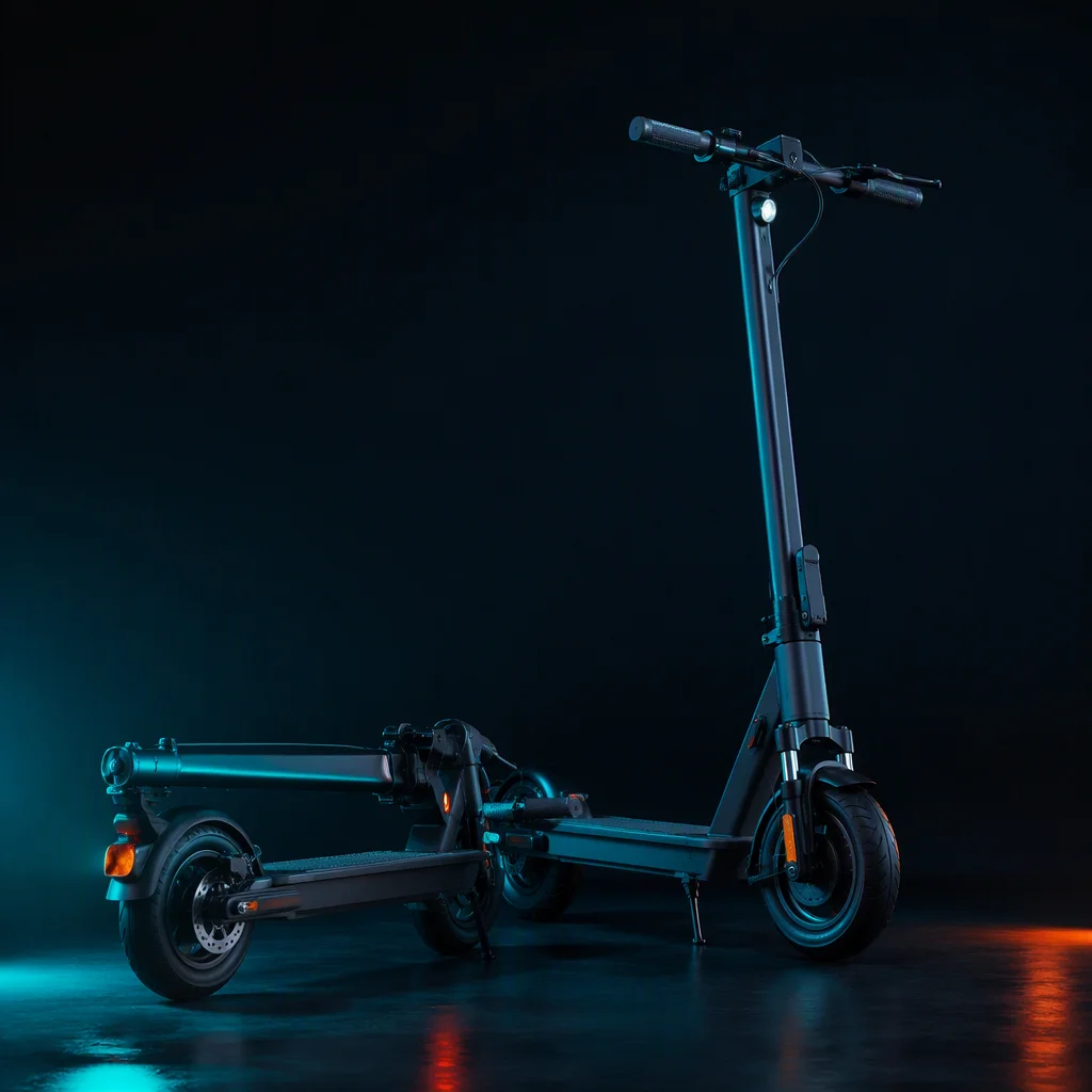 Foldable electric scooter demonstrating the one-click folding mechanism in a compact folded position