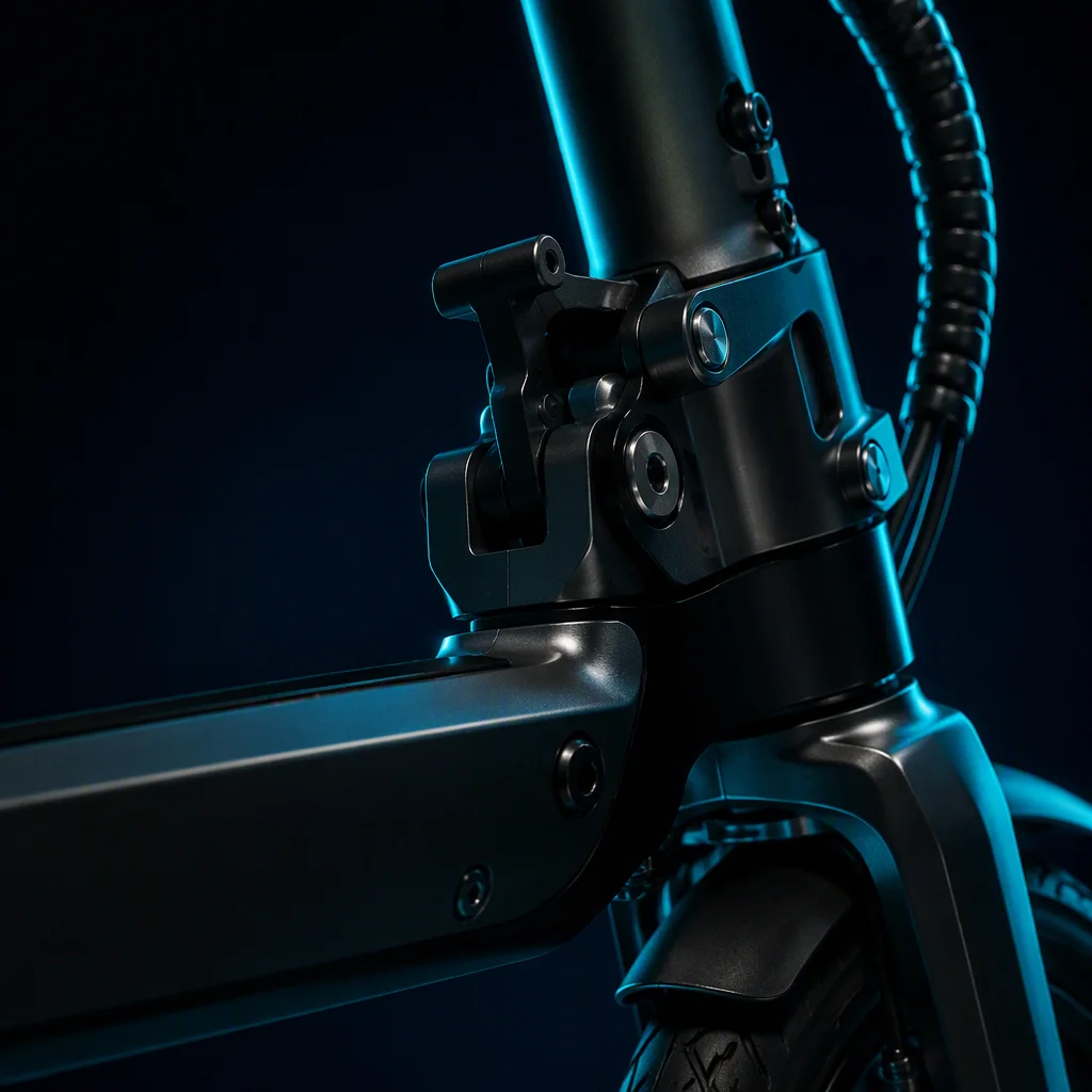 Close-up of magnesium alloy folding hinge mechanism with hardened steel locking pin