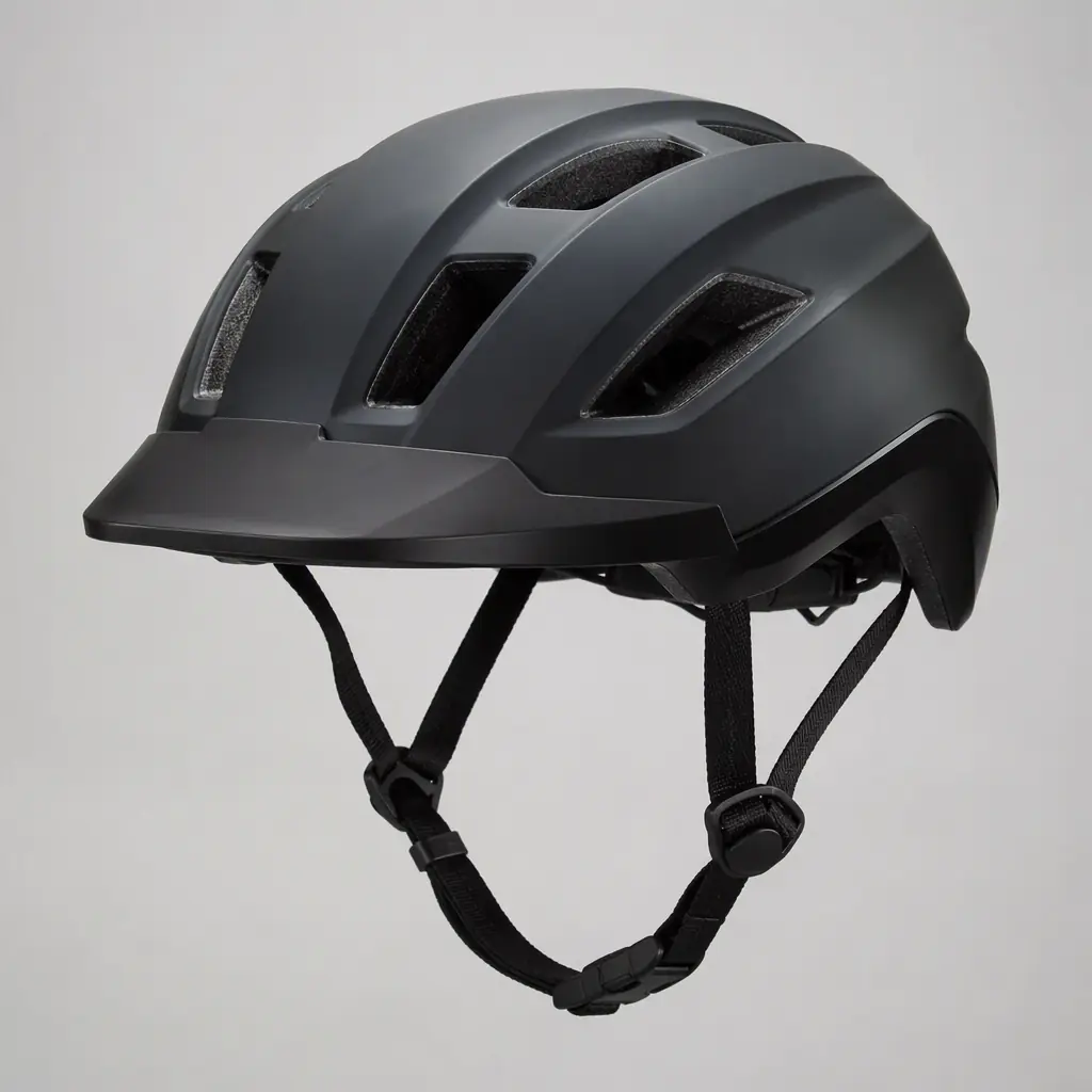 E-bike helmets displayed on shelf with riding gloves