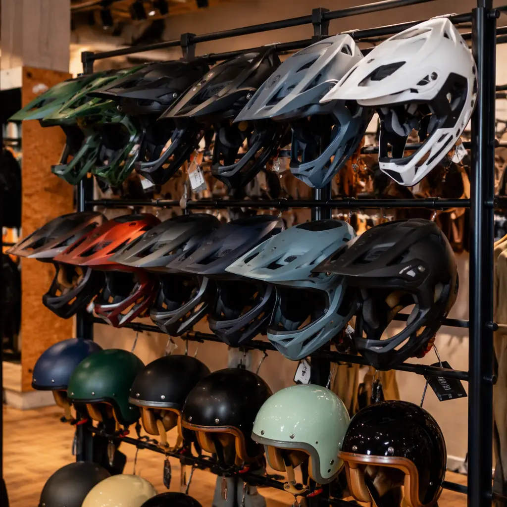 Helmet display rack in a retail shop