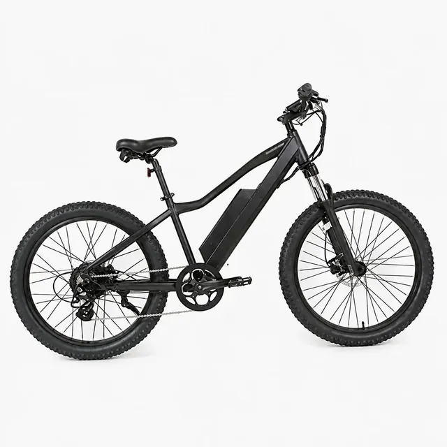 Electric mountain bike with front suspension, side profile