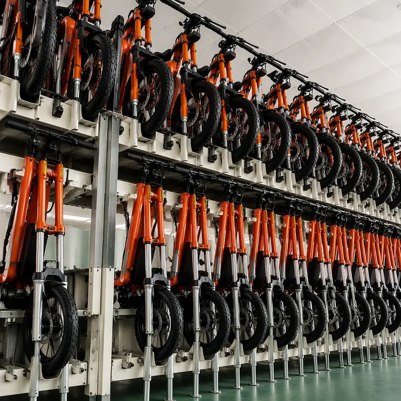Newly assembled e-bikes staged in rows on the workshop line before export packing